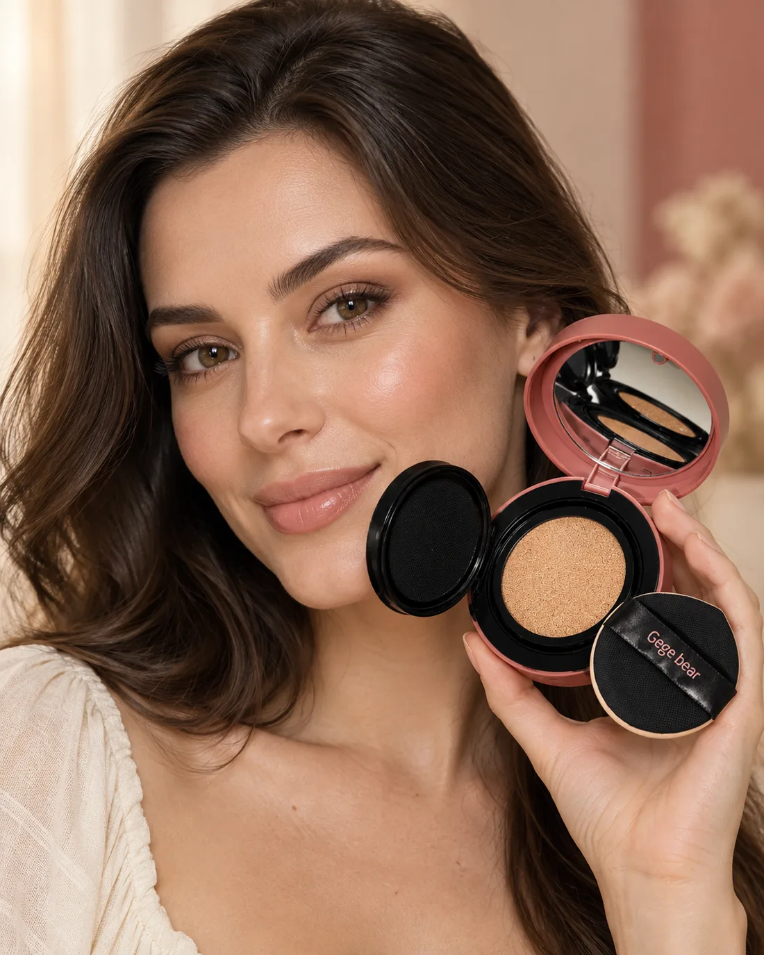 Femeie care ține lângă obraz compactul cushion Gege Bear deschis