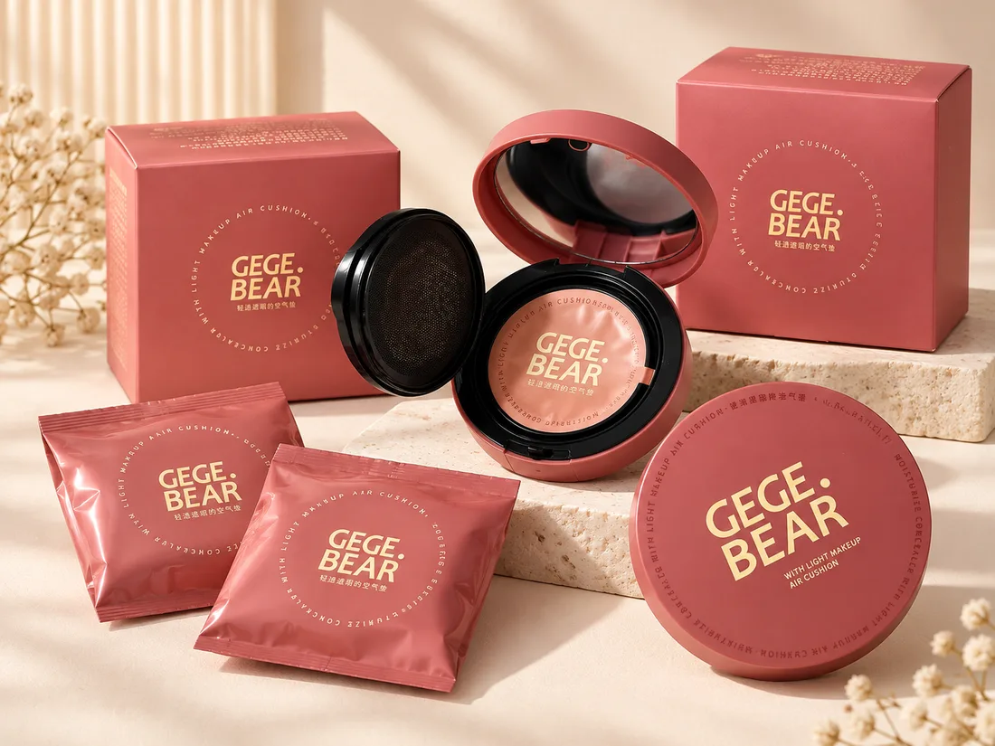 Compactul cushion Gege Bear cu rezervele și cutiile