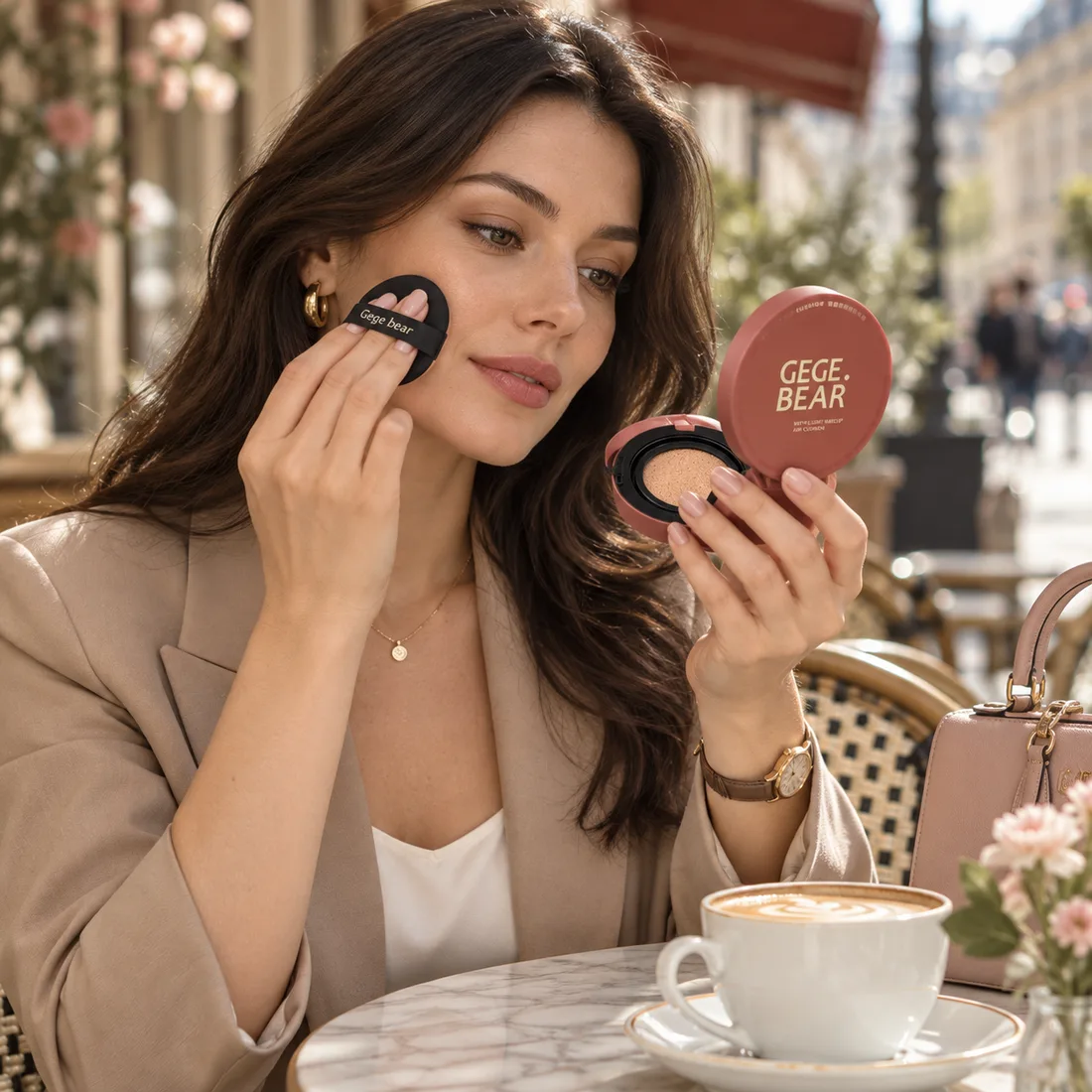 Femeie care își retușează machiajul la o cafenea, cu compactul cushion